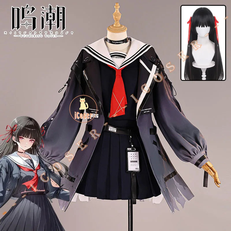Wuthering Waves Chisa Cosplay Costume Wig Jacket Uniform Skirt Headwear Tattoo Sticker Halloween Party for Women Girls Role Play