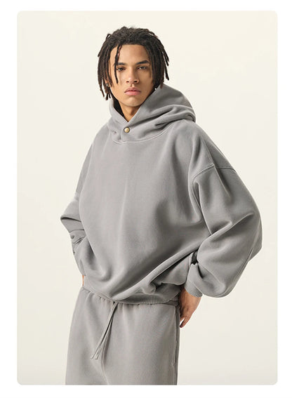 ZODF Vintage 350gsm Man Washed Boxy Fleece Hoodie Unisex Loose Ripped Warm Button Winter Hooded Pullovers Brand Clothing HY0053