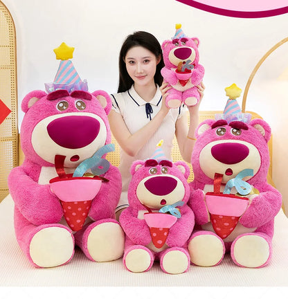 Disney Plush Strawberry Bear Doll with Birthday Hat Cute Stuffed Animal for Kids Birthday Xmas Gift Perfect Toy for Children And