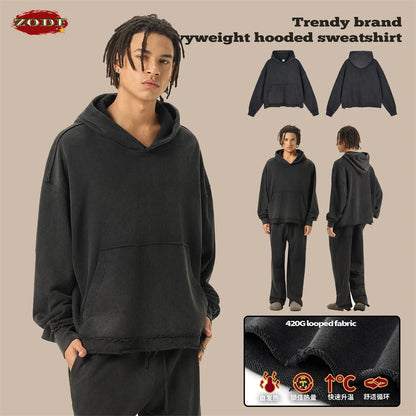 ZODF Retro Winter Men Washed 100% Cotton Boxy Hoodies Unisex Loose Fit Distressed Hooded Pullovers Coats Brand Outfits HY0048
