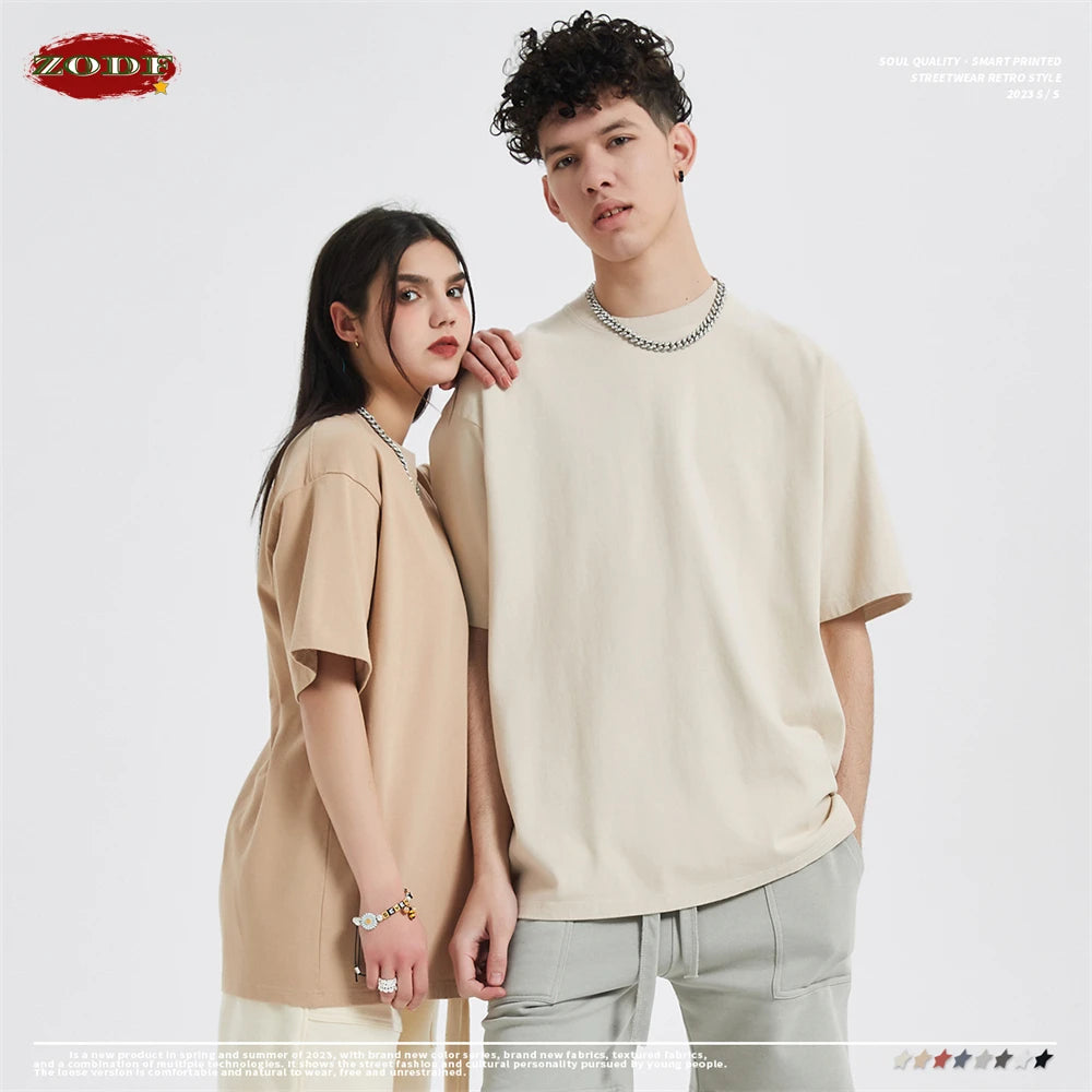 ZODF Fashion Spring Summer Washed Solid T Shirts For Men Loose Unisex 310gsm Cotton Heavy Weight T-Shirt Brand Tops HY0064