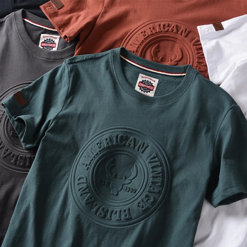 2025 Summer New American Retro Short-sleeved O-neck 3D Letter Printed T-shirt Men's Fashion 100% Cotton Washed Casual Sport Tops