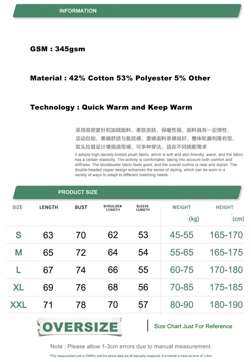 ZODF Fashion Winter 345gsm Boxy Fleece Zipper Hoodie For Men Unisex Cusual Loose Fit Warm Hooded Coat Outwears HY1178