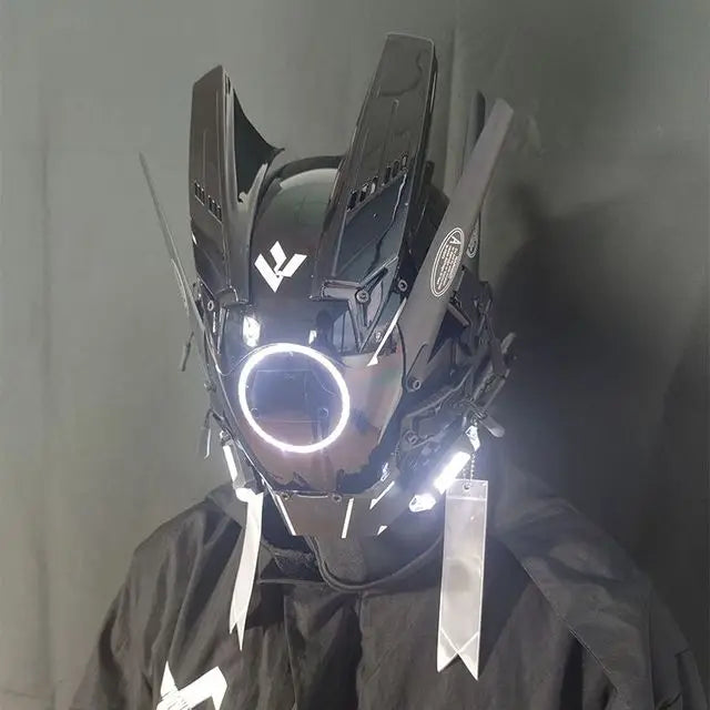 Cyberpunk Helmet Cosplay Mask with LED Light Dreadlocks Braided Wings Shinobi Samurai Style – Birthday & Christmas Gift