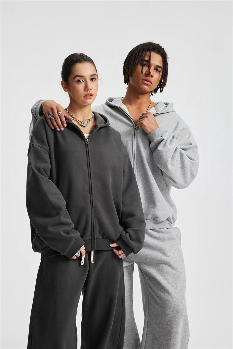 ZODF Trendy Winter Man Warm 430gsm Fleece Zipper Hoodies Unisex Solid Loose Zip-Up Hooded Coats Brand Outfit HY1130