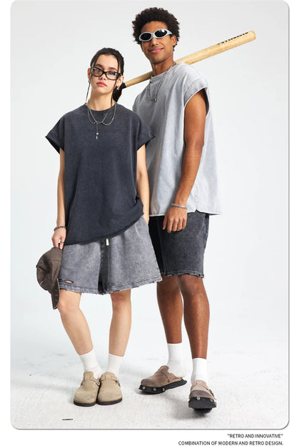 ZODF Trendy Summer Men Batik Washed 275gsm Cotton Tank Tops Unisex Oversized Loose Edge Sleeveless Vests Brand Tees HY1036