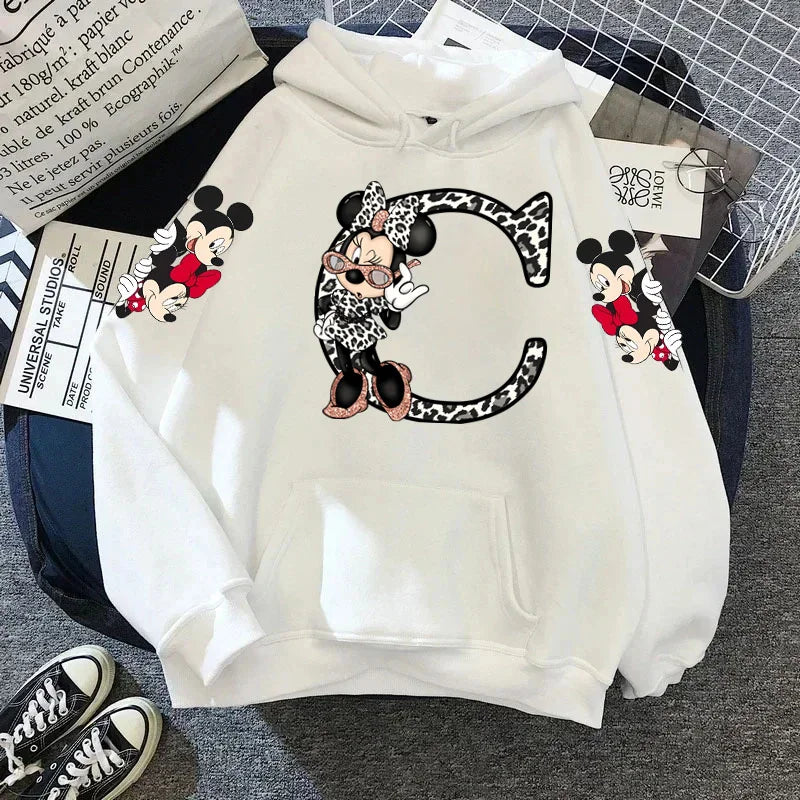 2024 Women's Winter Jacket Cute Kawaii Disney Mickey Mouse Lucky Letters Print White Hoodie Fashion Couple Streetwear Sportswear