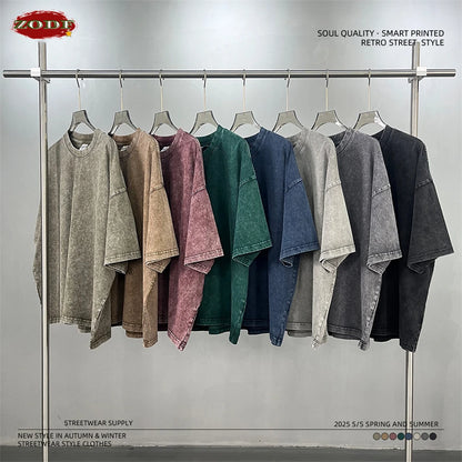 ZODF New Hip Hop Washed Cotton Boxy T-Shirts For Men Unisex Retro Loose Fit Basic Short Version T Shirt Brand Tops HY1076
