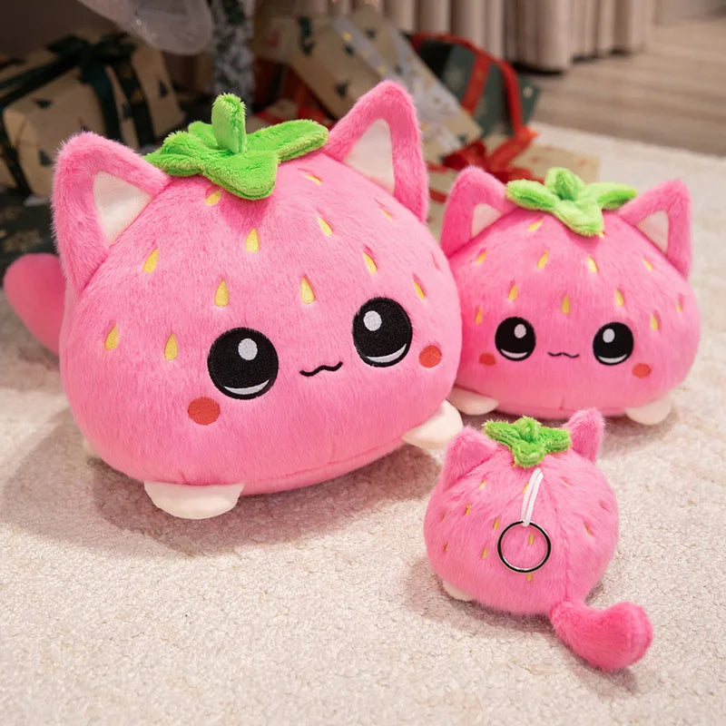 Kawaii Strawberry Cat Plush Toy Cute Pink Cat Stuffed Animal Cuddly Doll Soft Cartoon Plushies Birthday Gift for Girl Home Decor