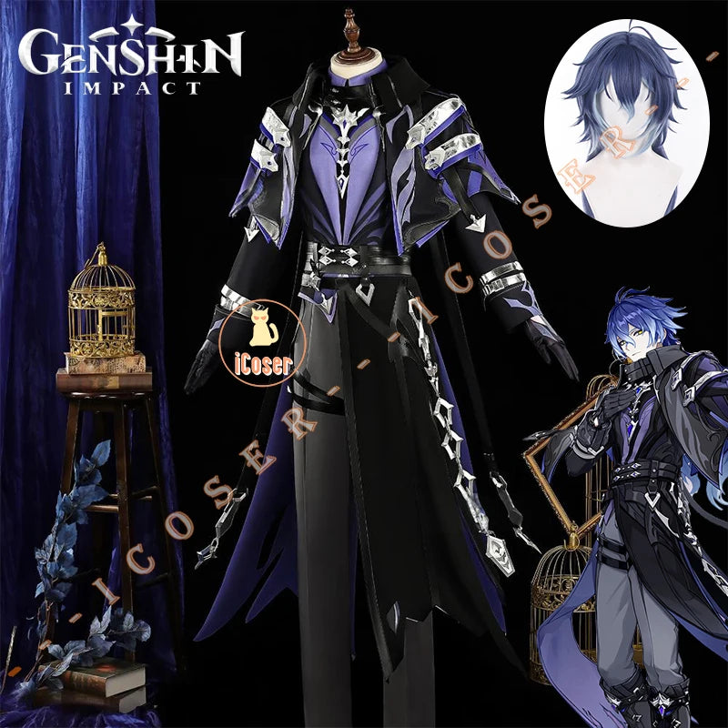 Genshin Impact Kyryll Chudomirovich Flins Cosplay Costume Wig Uniform Cloak Outfit Halloween Party for Women Men Props Carnival