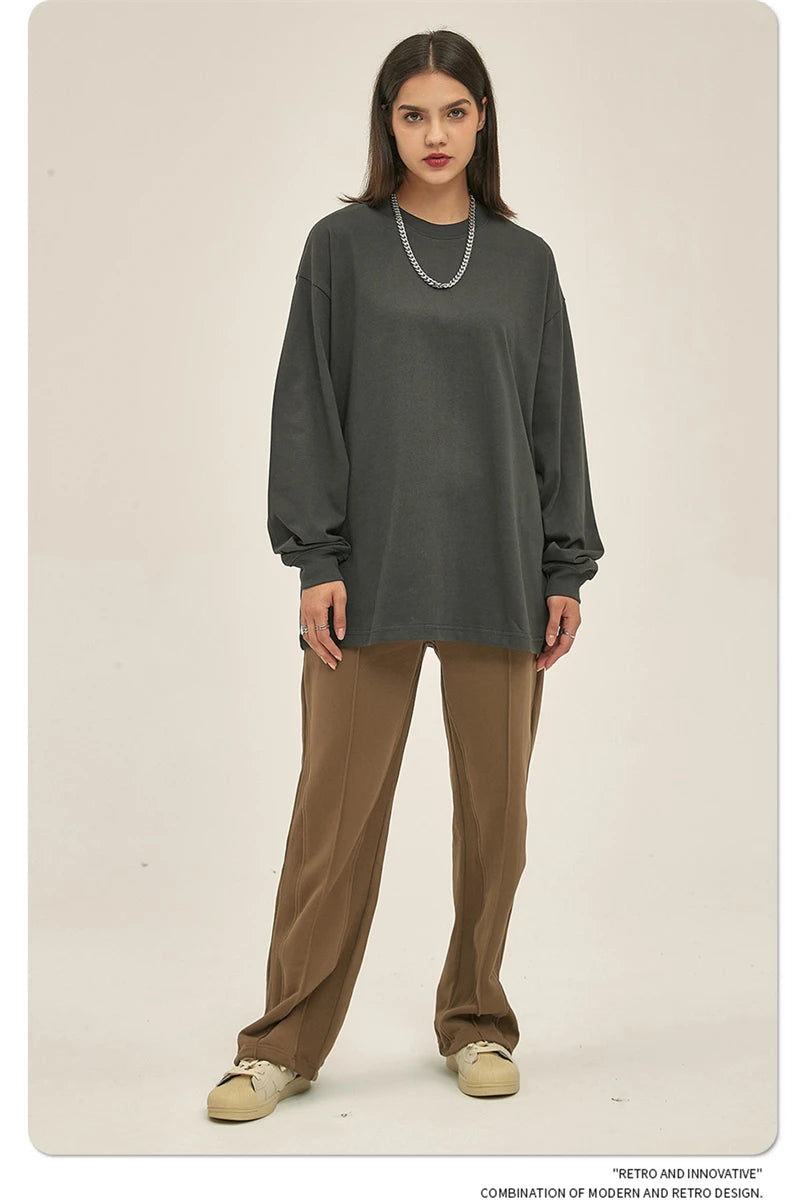 ZODF New 2025 Autumn Men 305gsm 100% Cotton T Shirt Unisex Loose Heavy Weight Basic Long Sleeve Solid T-Shirts Tops HY0634