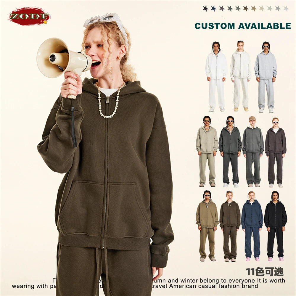 ZODF Fashion Winter Men Warm Zipper Fleece Hoodies Unisex Loose Basic 345gsm Knitted Hooded Hoodie Coats HY0904