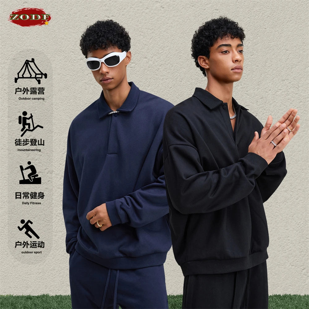 ZODF Casual 2025 Autumn 445gsm Sweatshirt For Man Unisex Turn Down Collar Solid Fleece Pullovers Winter Coats HY1111