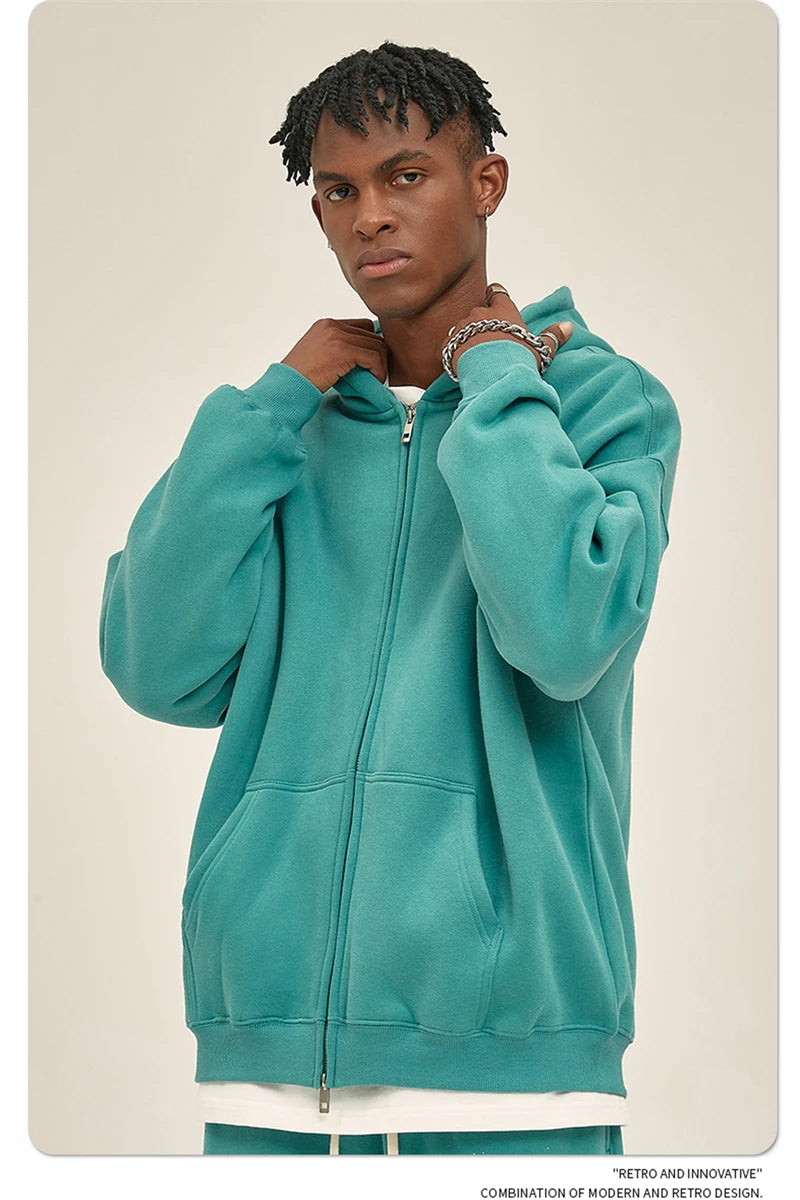 ZODF New Men Double Headed Zipper Fleece Hoodies Unisex Loose Basic Solid Warm Hooded Sweatshirts Coats For Winter HY0633