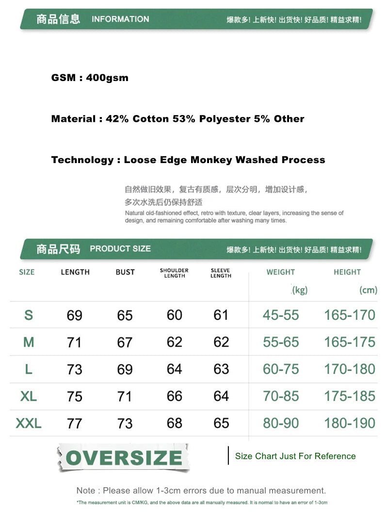 ZODF Retro Winter Men 400gsm Monkey Washed Zipper Hoodie Unisex High Street Loose Edge Ripped Distressed Hooded Pullovers HY1117
