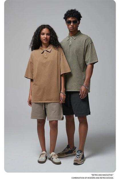 ZODF Summer Men Batik Washed 275gsm Cotton T Shirt Unisex Retro Turn Down Collar Short Sleeve T-shirts Tees HY0533