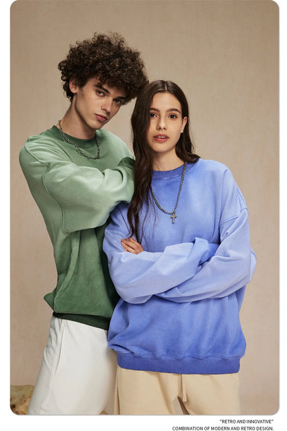 ZODF 2024 Autumn Men's Washed Sweatshirt Unisex Women Retro Solid 430gsm Terry Cotton O Neck Pullovers Coat HY0880