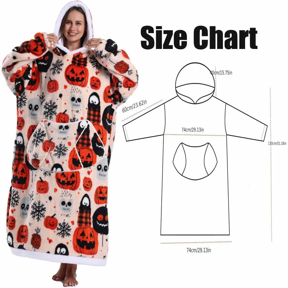 Short/Long Hoodie Blanket for Adults Winter Soft Thicken Warm Wearable Blanket Hoodie with Sleeves Halloween Pajamas for Couples