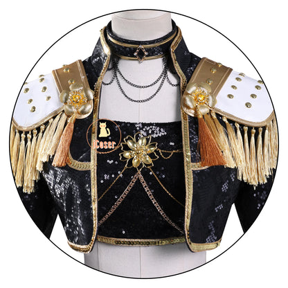 KPop Demon Hunters Mira Cosplay Costume Black Gold Skirt Huntrix Golden Uniform Headwear Halloween Party for Women Girls Props