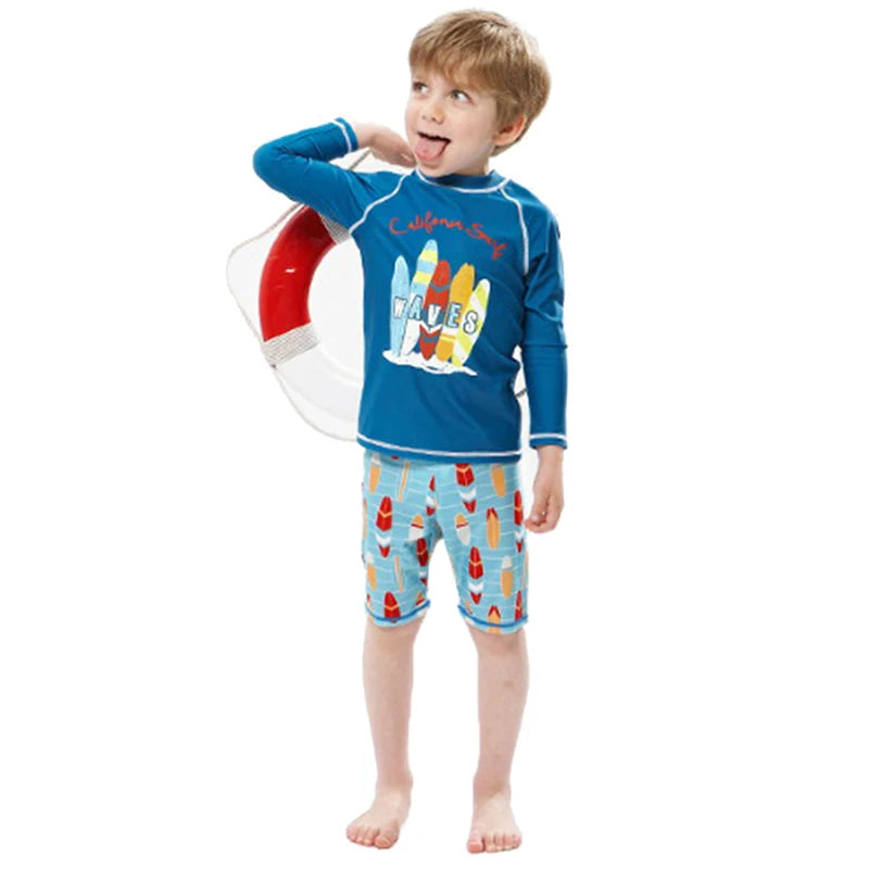 Boys Swimwear Toddler Summer Children Swimsuit Long Sleeve Kids Bathing Suits Infant Top+Shorts Two-piece Set Surf Beach Outfits