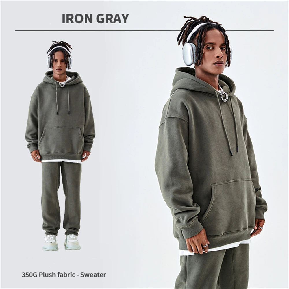 ZODF Casual Winter Men 350gsm Fleece Hoodie Unisex Loose Warm Solid Hooded Sweatshirt Pullover 18 Colors HY0728 - Iron
