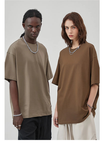 ZODF New Summer Men 275gsm Cotton T Shirts Unisex Women High Street Oversized FG Noshrink Solid T-Shirt Streetwears HY0152