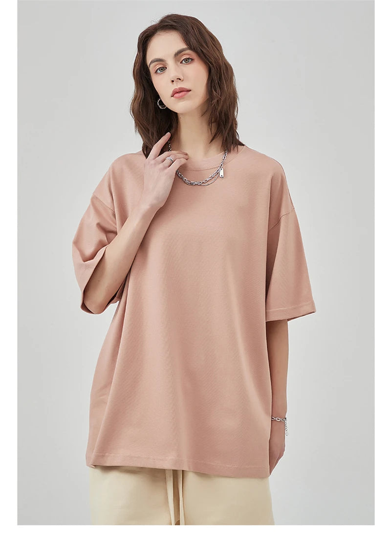 ZODF New Summer Men 100% Cotton Solid T Shirts Unisex High Street Heavy Weight 305gsm Oversized FG Noshrink T-Shirt Tops HY0165