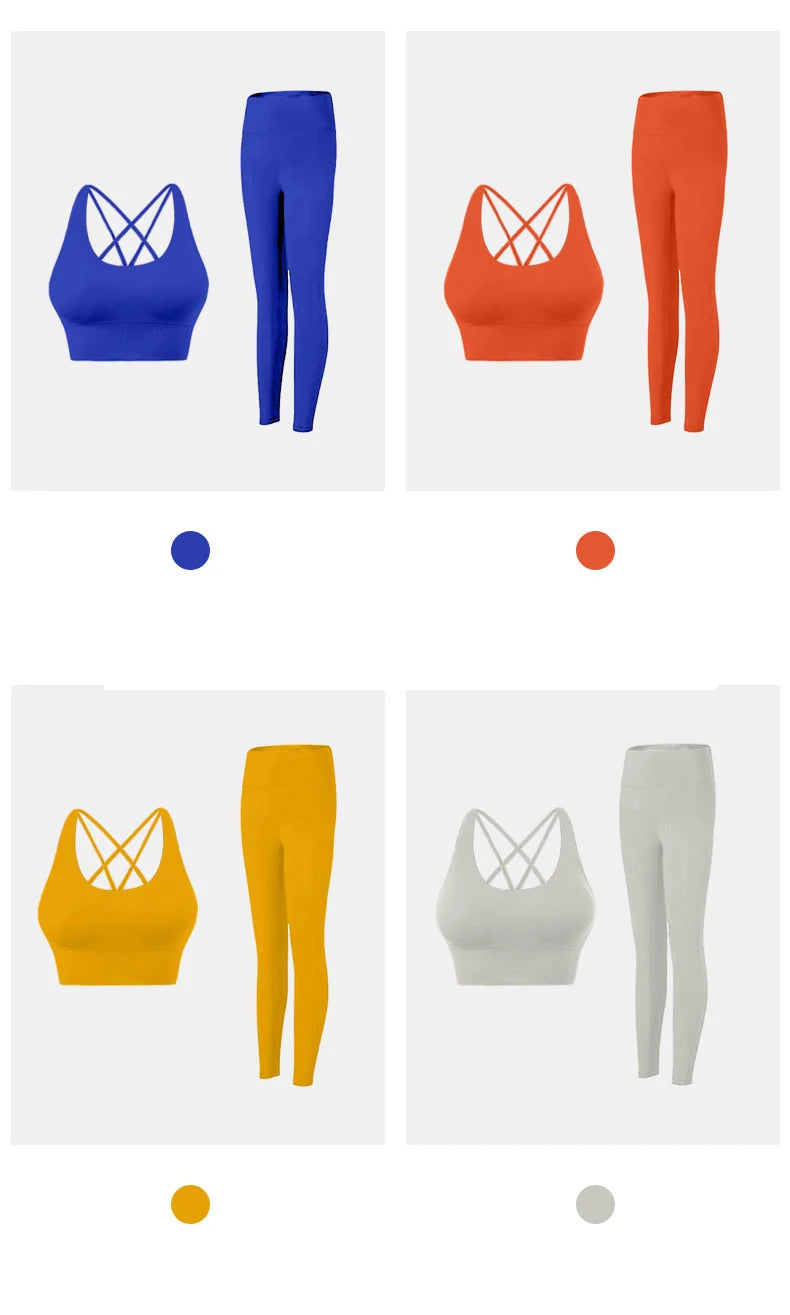 2 Piece Yoga Set Solid Color Women's High Waisted Leggings Tight-Fitting Quick-Drying Running Underwear Cross Bra Fitness Suit