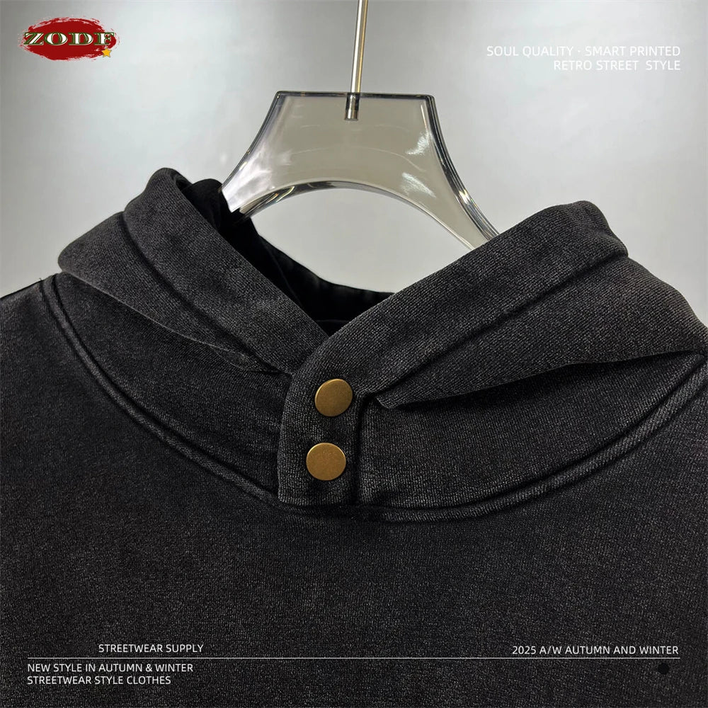 ZODF Retro Winter Washed 370gsm Man's Fleece Hoodie Unisex Distressed Thick Warm Buttons Hooded Pullovers Coats HY1169