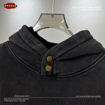 ZODF Retro Winter Washed 370gsm Man's Fleece Hoodie Unisex Distressed Thick Warm Buttons Hooded Pullovers Coats HY1169