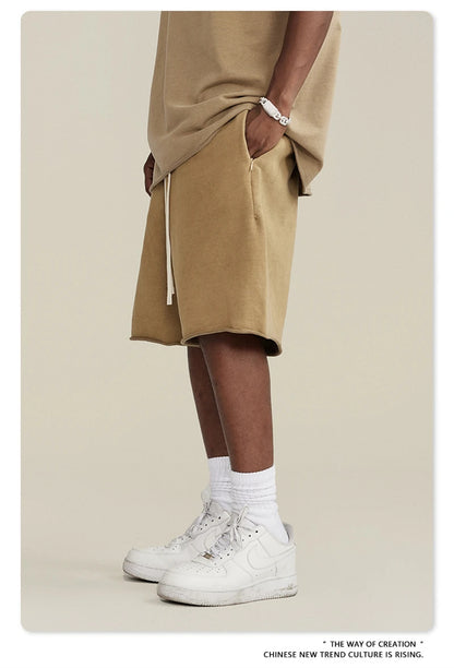 ZODF New Summer Men Retro Washed Shorts Unisex Drawstring Loose Edge 420gsm Solid Knee Length Cotton Pants Streetwears HY0589