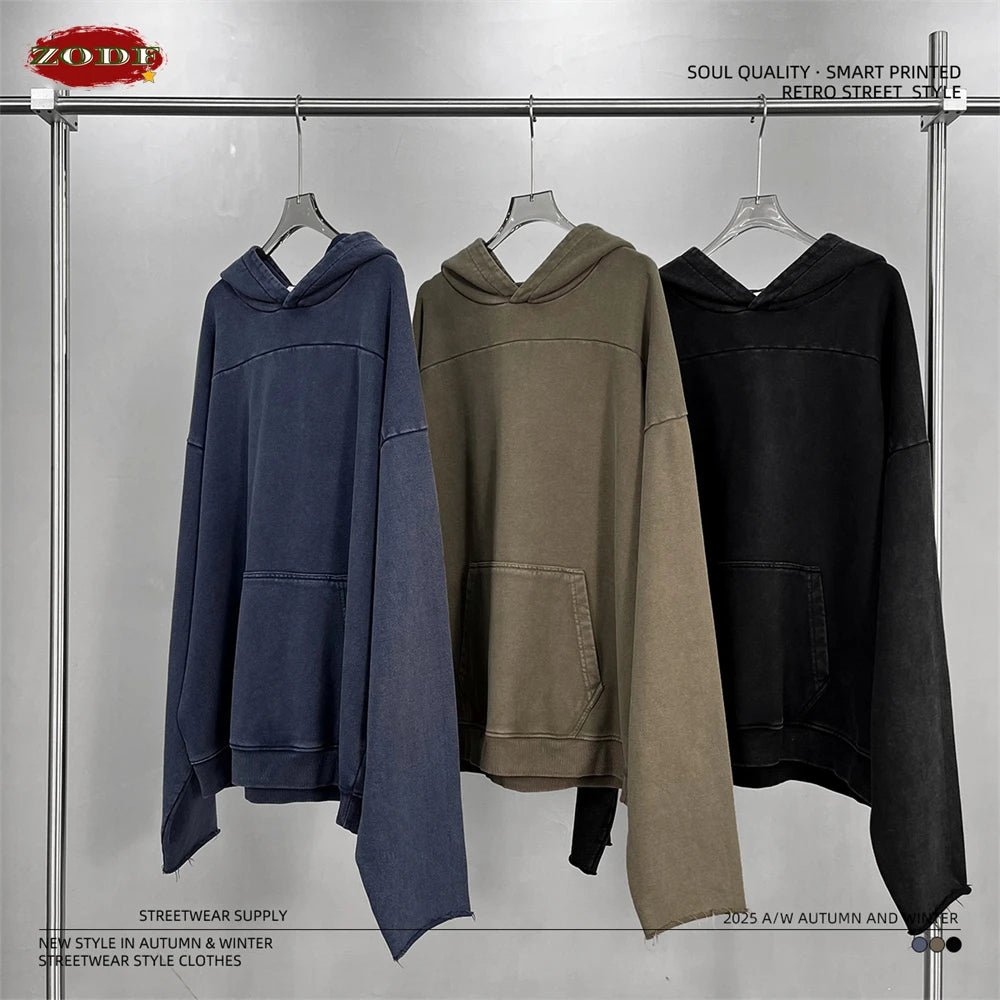 ZODF Fashion Heavy Weight 430gsm Washed Hoodie For Men Unisex Loose Edge Patchwork Distressed Hooded Pullovers Coat HY1098