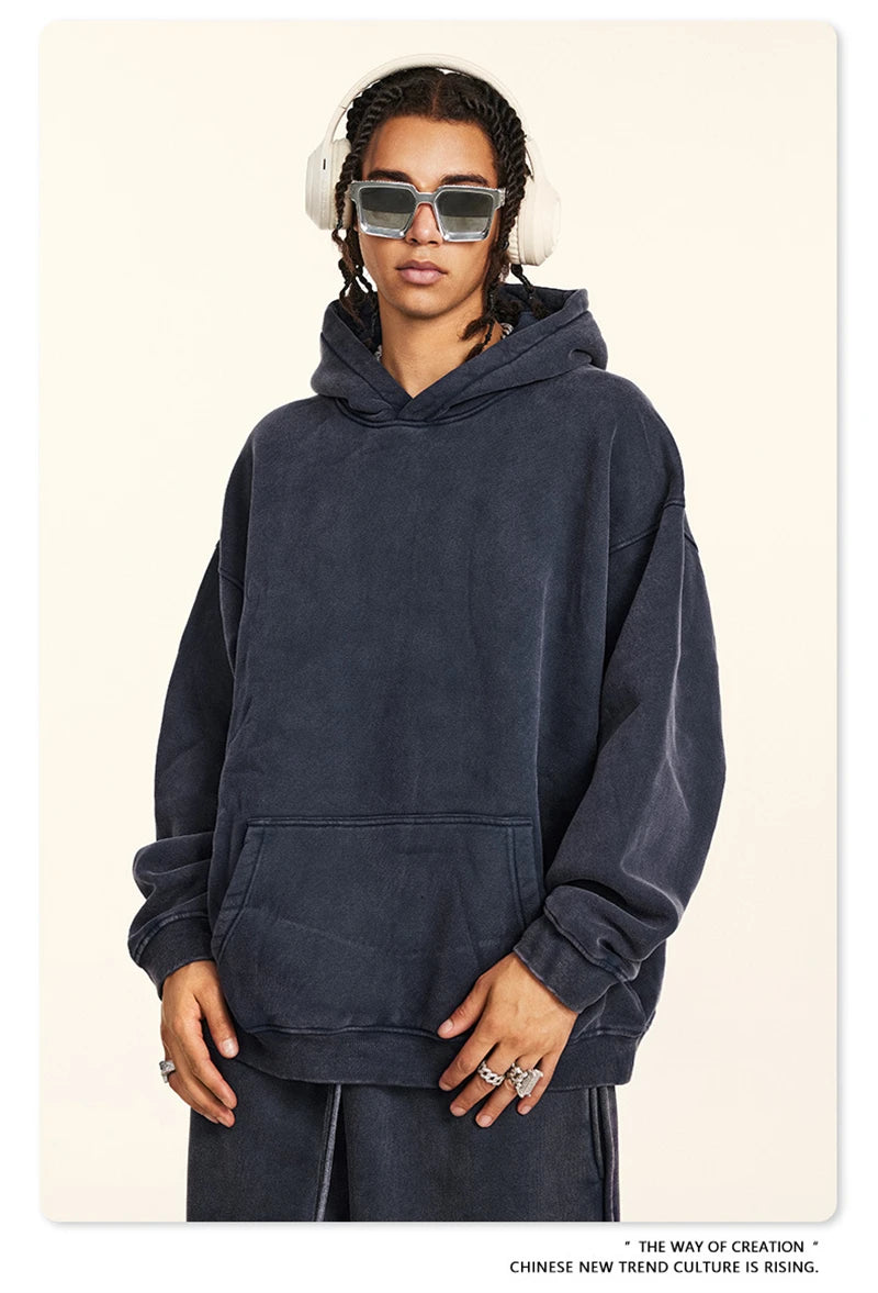 ZODF Retro Men’s Winter Washed Fleece Hoodie 360gsm Warm Knitted Loose Hooded Pullover Streetwear HY0887