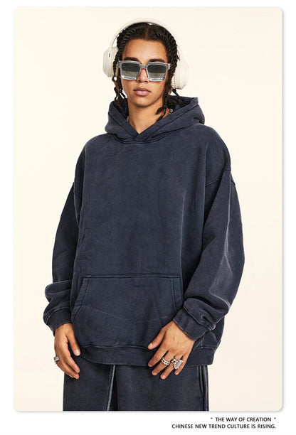 ZODF Retro Men’s Winter Washed Fleece Hoodie 360gsm Warm Knitted Loose Hooded Pullover Streetwear HY0887