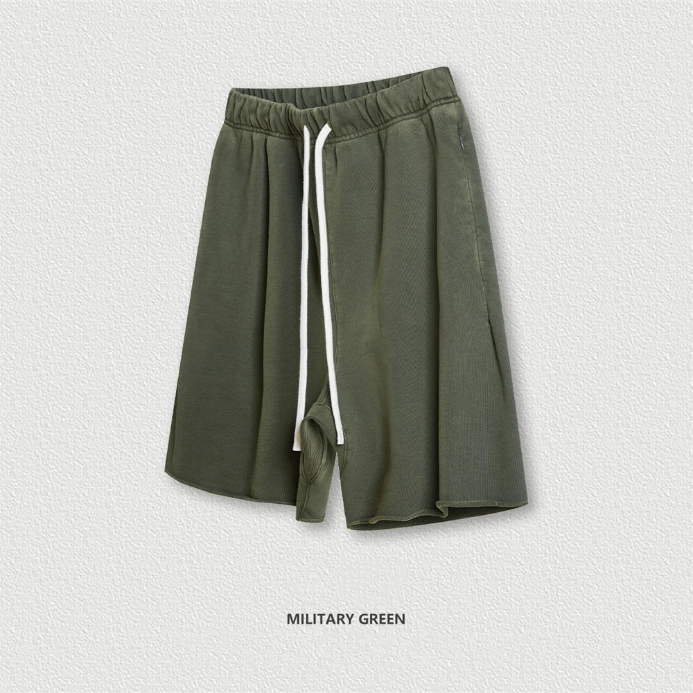 ZODF Summer Men Retro Washed Cotton Knee-Length Loose Drawstring Shorts HY0589 Streetwear - army green / XL / China
