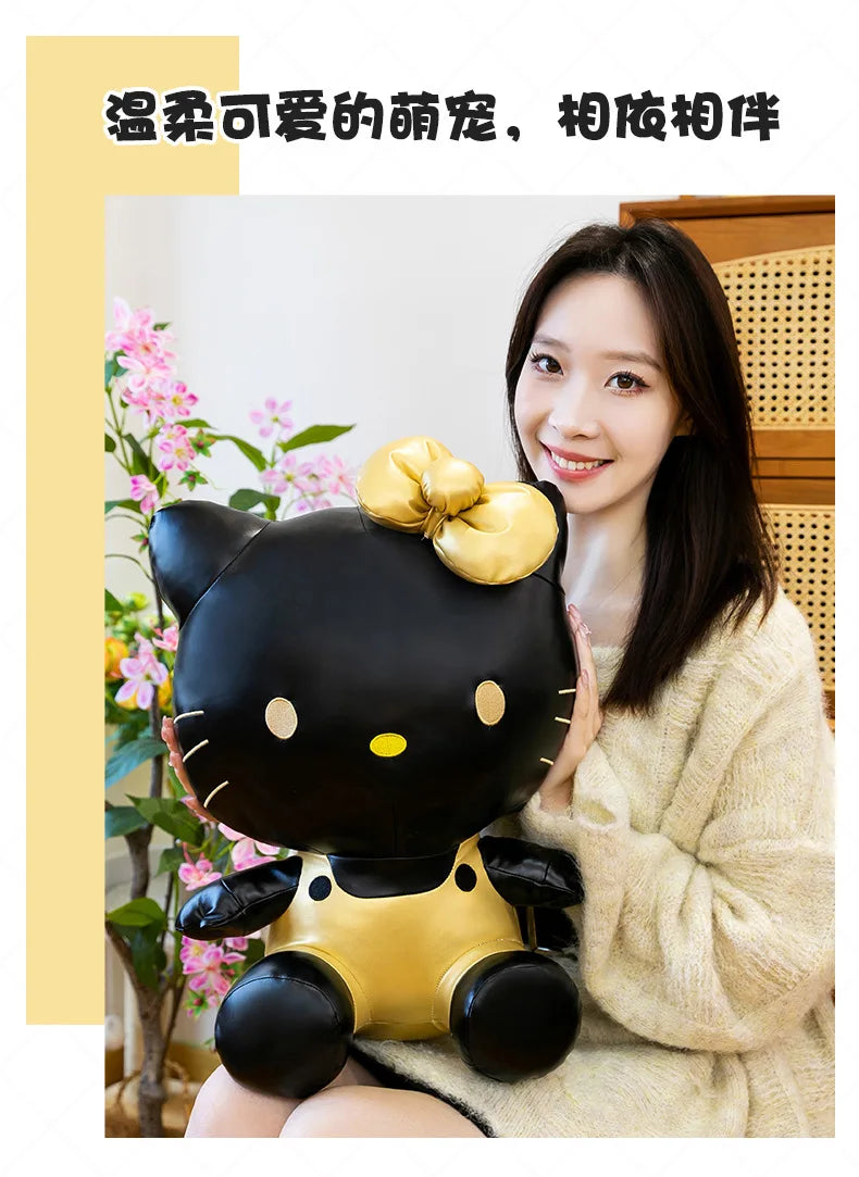 Cute Hello Kitty Plush Toy Black Gold Leather Cute Stuffed Animal Doll Kids Birthday Xmas Gift for Girls Plushie Pillow Present