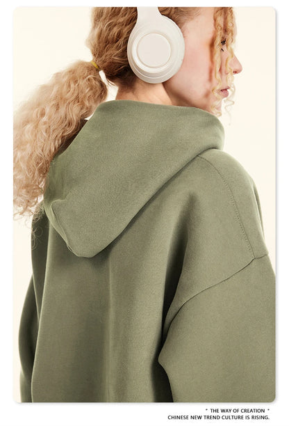 ZODF New Winter Men Solid Fleece Hoodies Unisex Women 345gsm Loose Warm Side Zipper Pocket Hooded Pullovers Brand Clothes HY0867