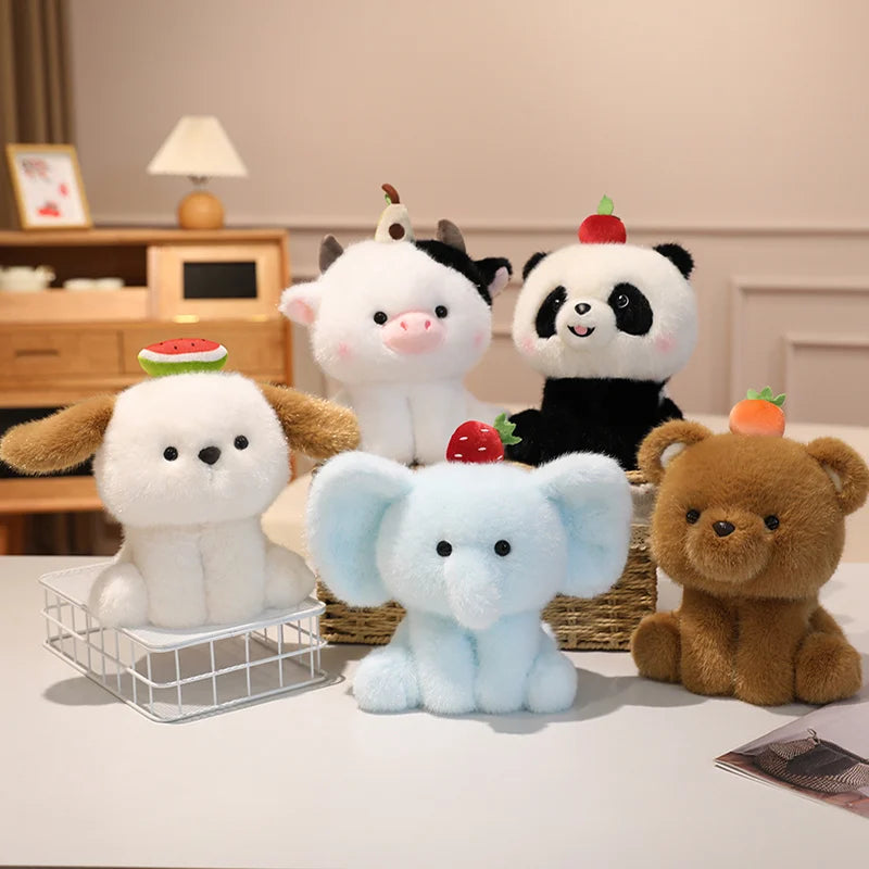 20cm Summer Fruit Decor Kawaii Animal Stuffed Toys Cute Squatting Cow Elephant Dog Bear Plushies Soft Huggable Gift For Girl