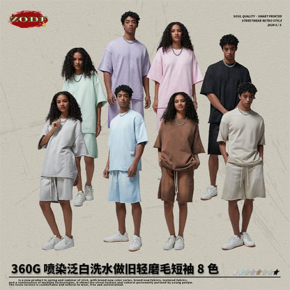 ZODF Spring Summer Men Washed Spray Dyeing T Shirts Unisex Heavy Weight Plush Distressed 360gsm T-Shirt Brand Tops HY0780