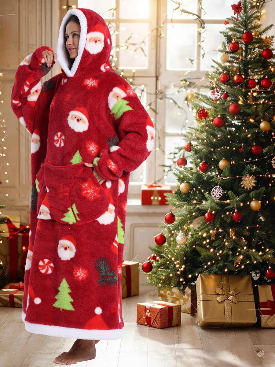 Short/Long Wearable Blankets Christmas Hoodies Winter Flannel Hooded Blanket with Full Sleeves Men Women Warm Adult TV Blanket