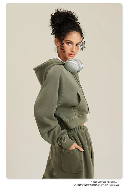 ZODF Women Hotsweet 2025 Winter Washed Fleece Crop Hoodies Girls Oversized Raglan Sleeve 400gsm Hooded Pullovers HY0648