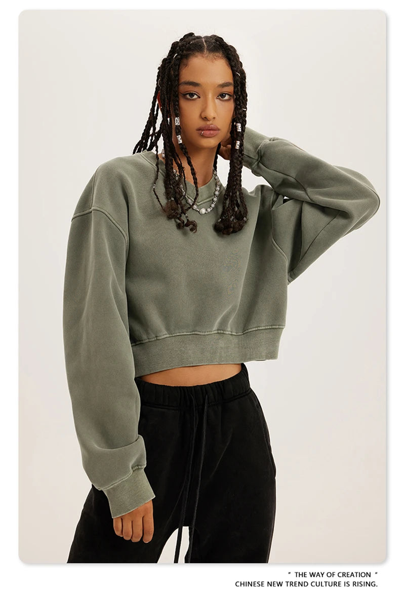 ZODF Winter Women Short Fleece Cropped Sweatshirts Girls Female Hip Hop Loose 400gsm V-Neck Pullovers Brand Tops HY0437