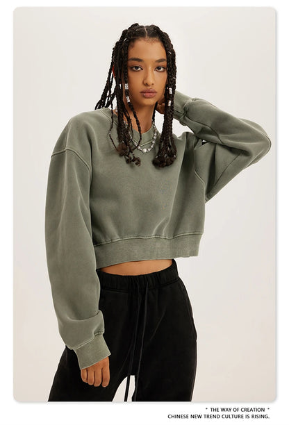 ZODF Winter Women Short Fleece Cropped Sweatshirts Girls Female Hip Hop Loose 400gsm V-Neck Pullovers Brand Tops HY0437