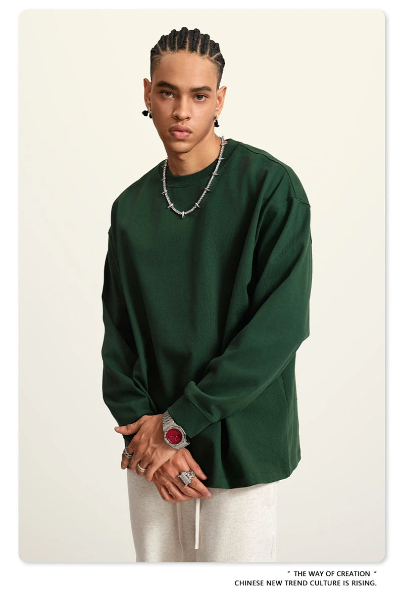 ZODF Autumn Winter 425gsm Long Sleeve T-Shirt American Retro Unisex Loose Heavyweight Basic Cotton T Shirts TEE HY0676