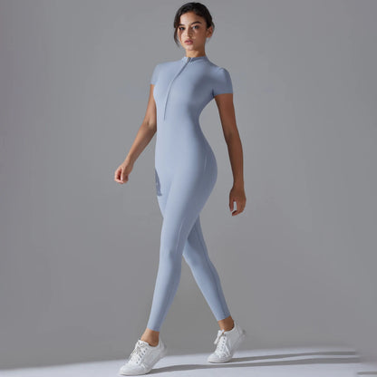 Naked zipper short sleeved yoga suit jumpsuit, quick drying breathable outdoor sports tight fitting jumpsuit, fitness suit