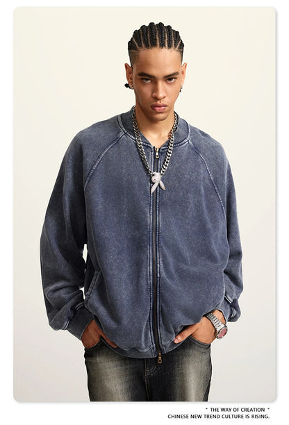 ZODF New Winter Washed Double Zipper Jackets For Men Unisex Loose Heavy Weight 450gsm Raglan Sleeve Cotton Coats HY0654