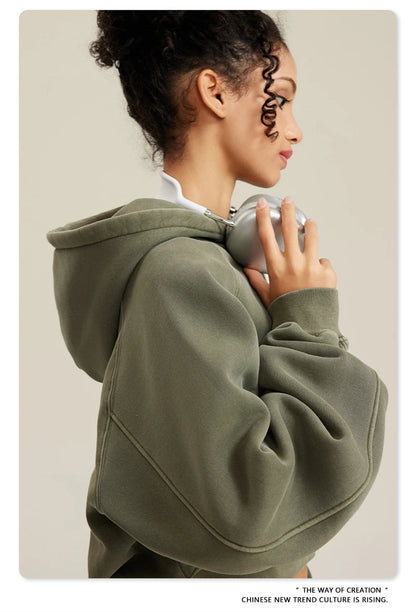 ZODF Women Hotsweet 2025 Winter Washed Fleece Crop Hoodies Girls Oversized Raglan Sleeve 400gsm Hooded Pullovers HY0648