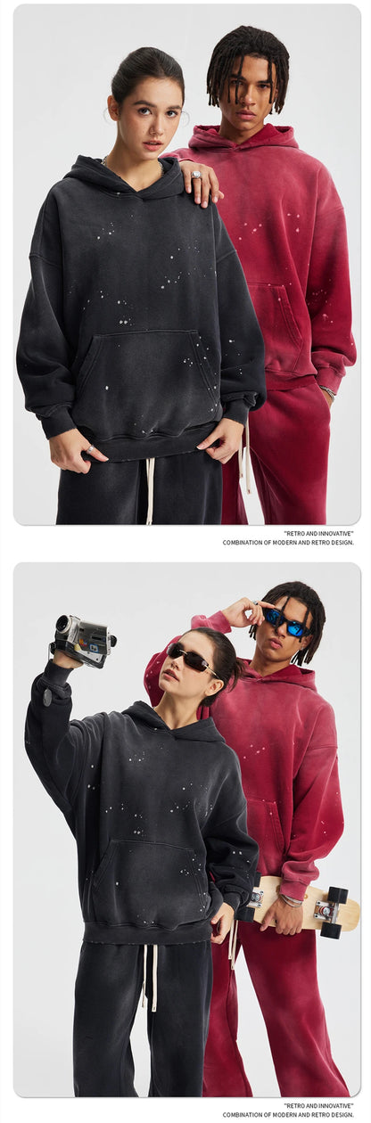 ZODF Trendy Men Washed 360gsm Fleece Hoodies Unisex Oversized Warm Paint Distressed Hooded Pullovers Winter Coat HY0947