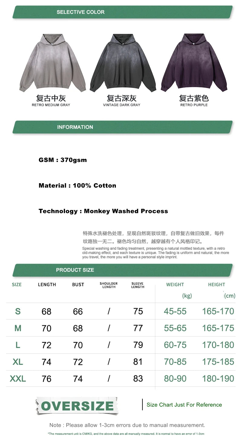 ZODF Retro Winter 370gsm Monkey Washed Hoodies For Man Unisex Oversized Off Shoulder 100% Cotton Hooded Coats Pullovers HY1136