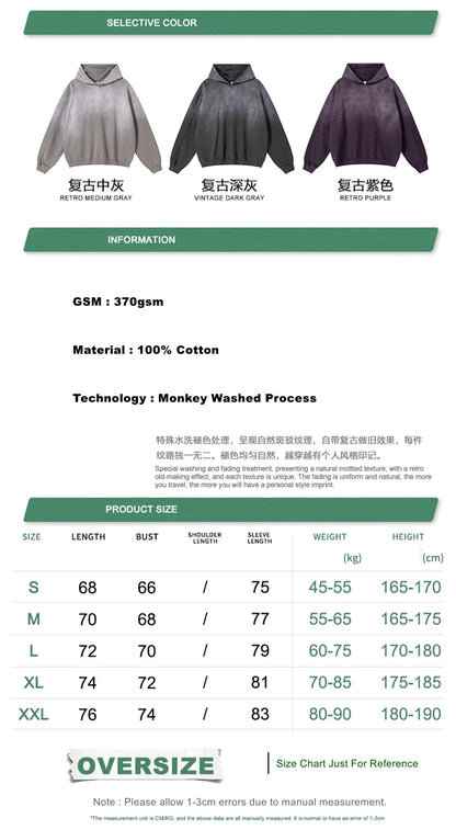 ZODF Retro Winter 370gsm Monkey Washed Hoodies For Man Unisex Oversized Off Shoulder 100% Cotton Hooded Coats Pullovers HY1136